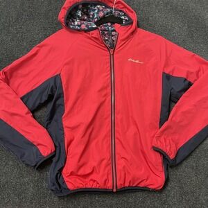 Eddie Bauer Jacket Womens Large Red Hooded Fleece Lined Windbreaker Outdoor